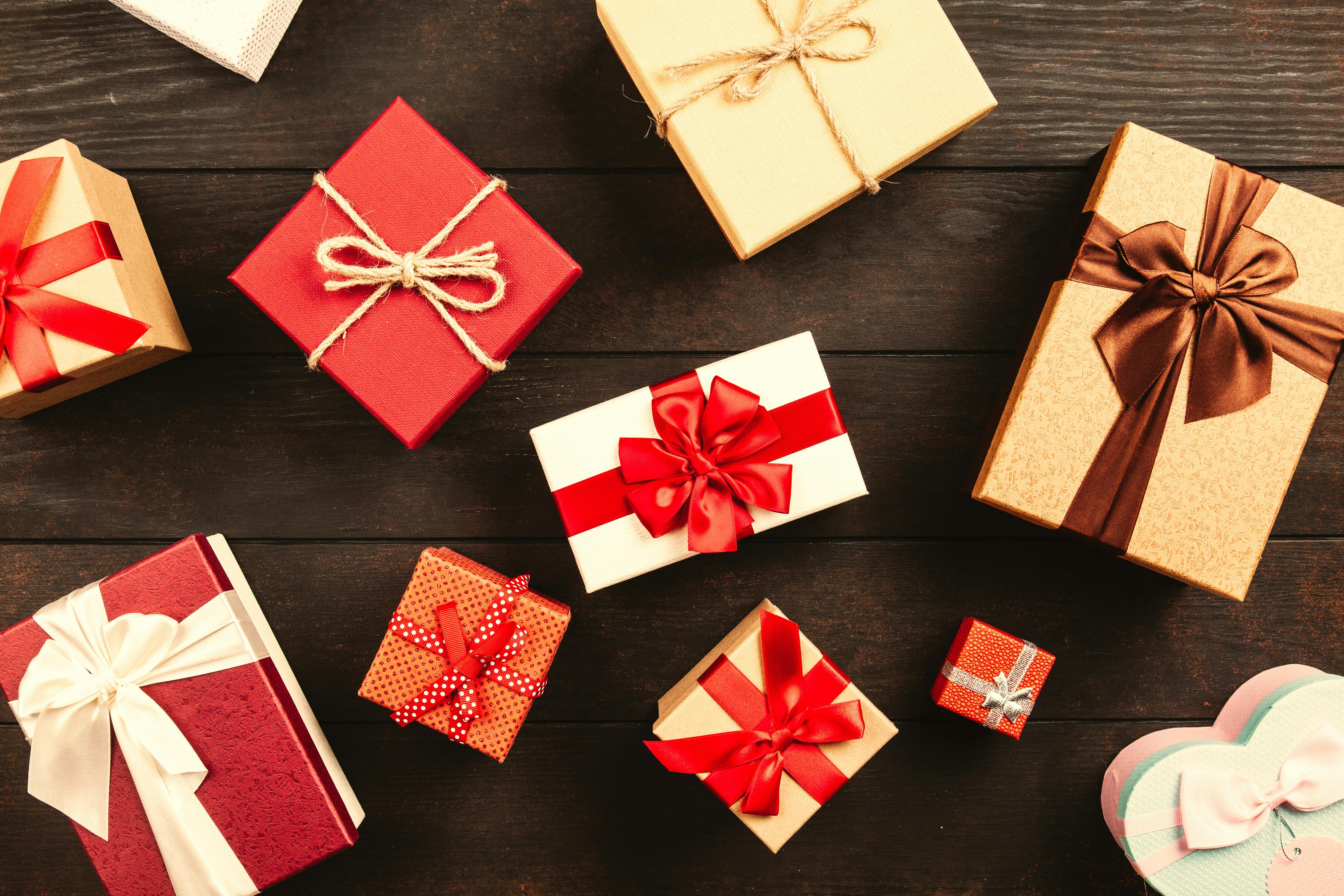 Several wrapped holiday gifts.